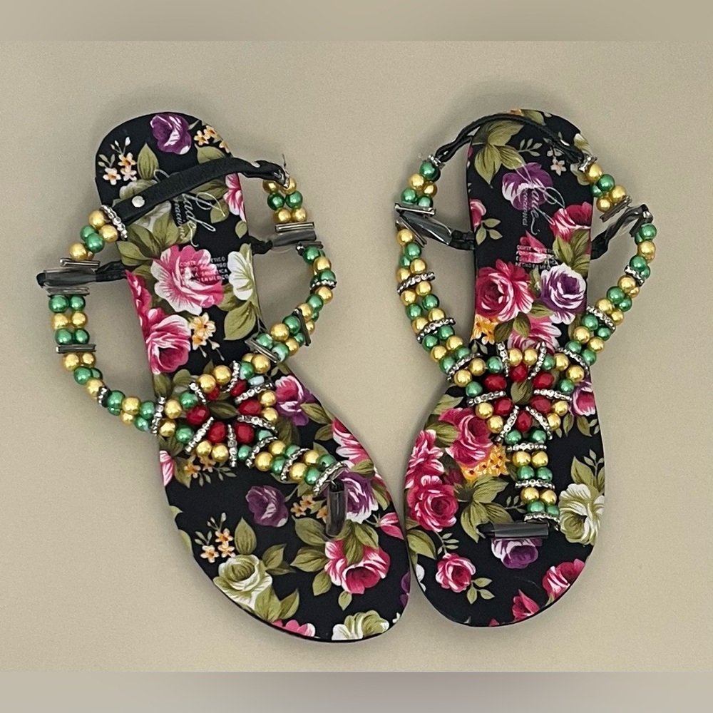 Floral print base with Beaded design Sandals Multicolor